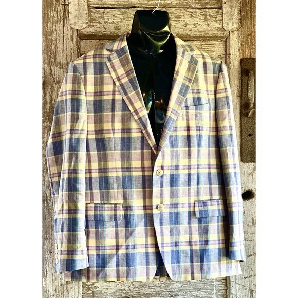 Club Room Men's Size 44r Multicolor Plaid Linen Blend Blazer Jacket - Picture 2 of 16
